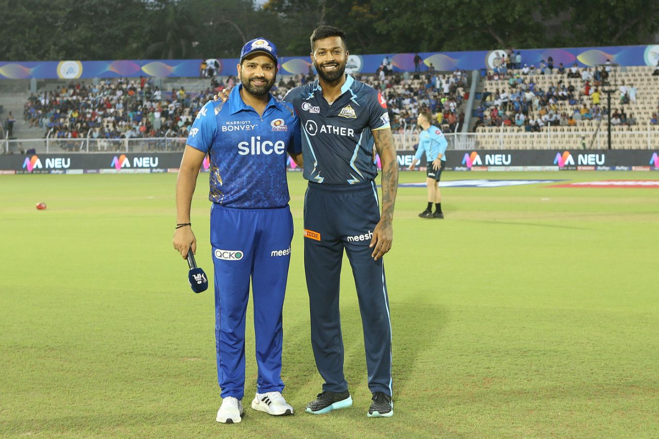 Rohit Sharma and Hardik Pandya at the toss, Gujarat Titans vs Mumbai Indians, IPL 2022, Brabourne Stadium, Mumbai, May 6, 2022
