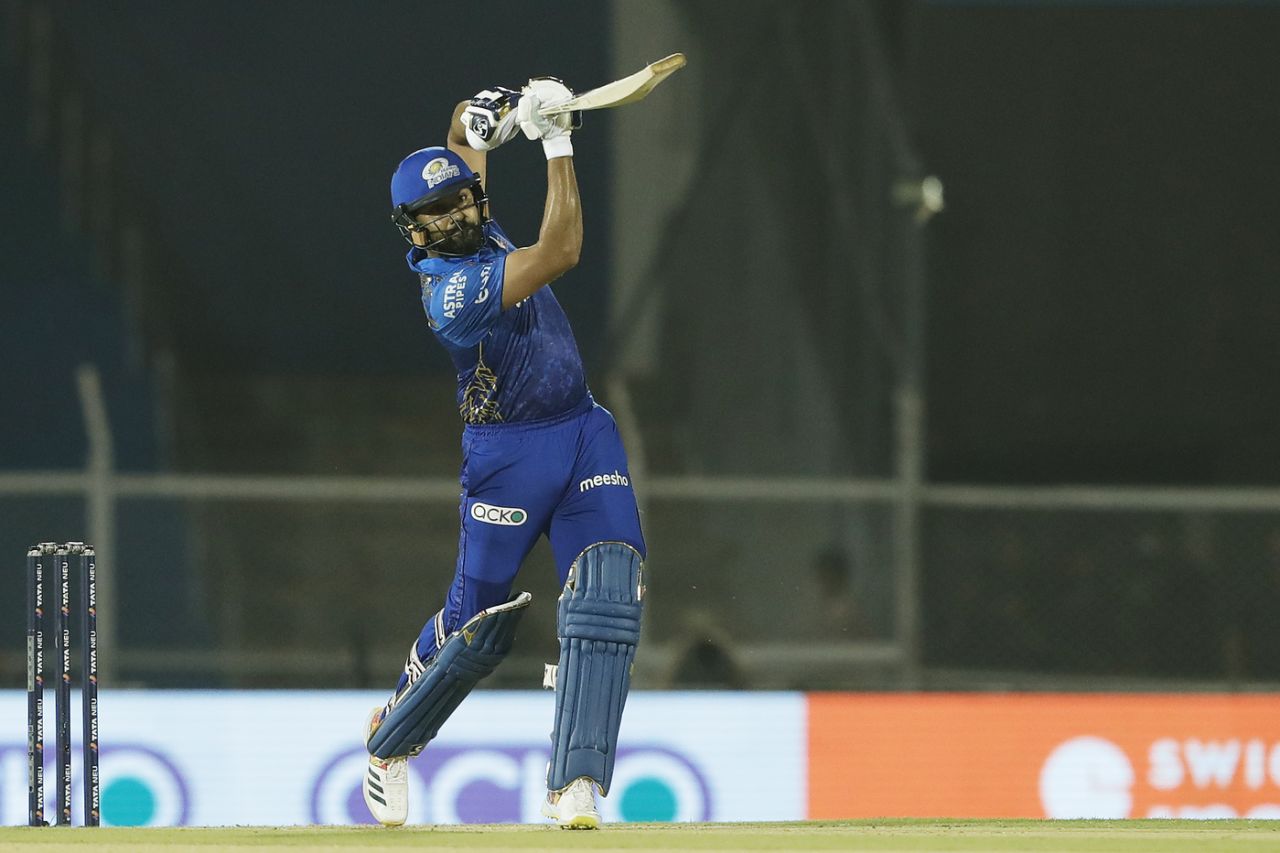 Rohit Sharma sends one back past the bowler, Gujarat Titans vs Mumbai Indians, IPL 2022, Brabourne Stadium, Mumbai, May 6, 2022