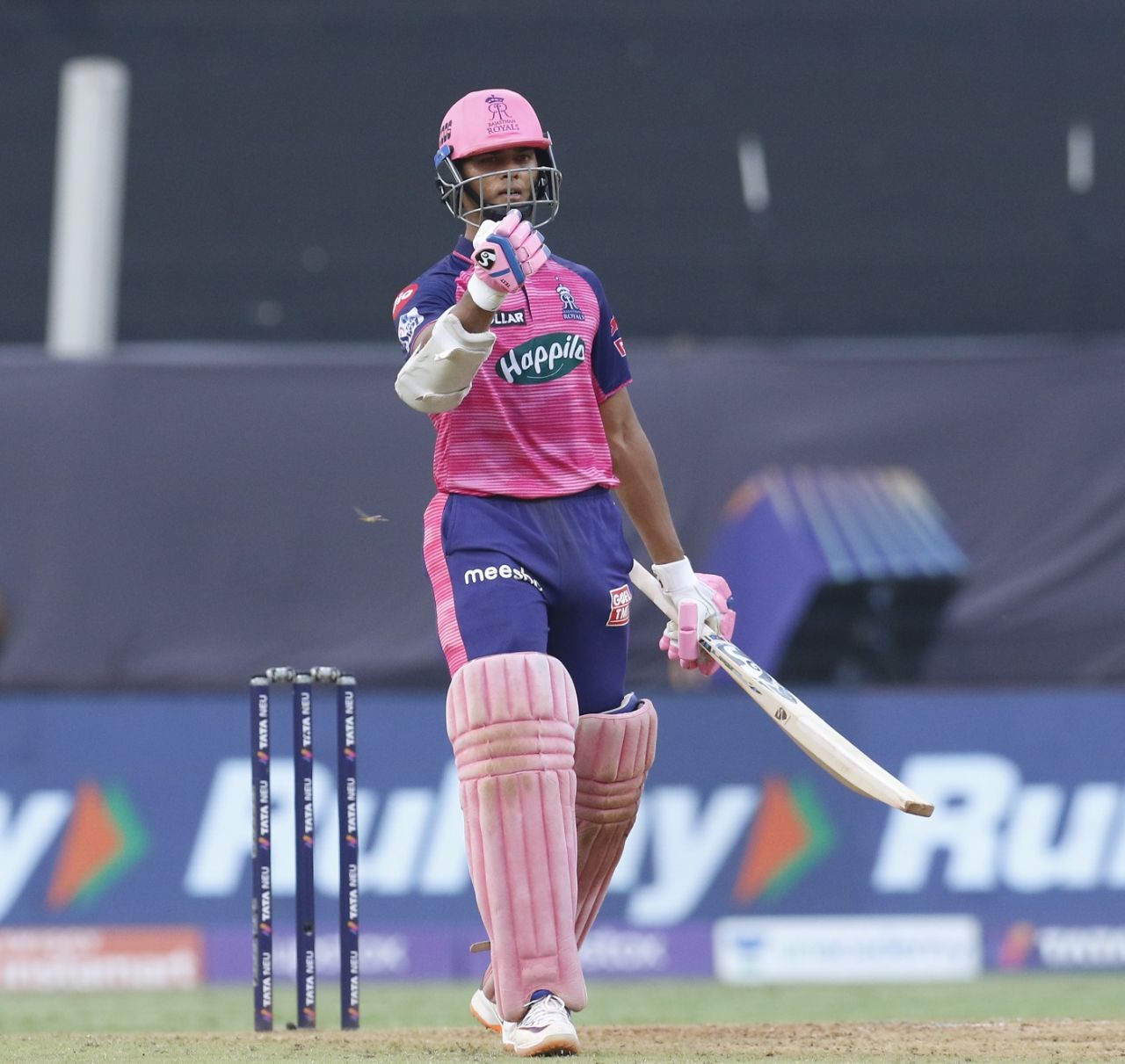 Yashasvi Jaiswal punches the air in delight after reaching his fifty off 33 balls, Punjab Kings vs Rajasthan Royals, IPL 2022, Wankhede Stadium, Mumbai, May 7, 2022