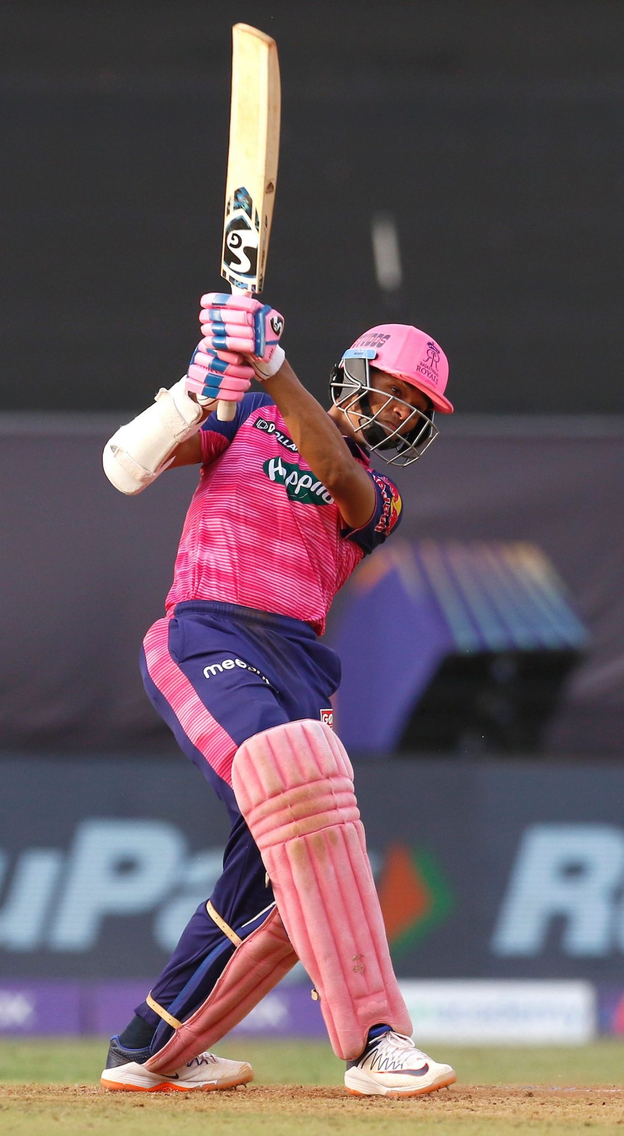 Yashasvi Jaiswal hammers the ball down the ground during his half-century, Punjab Kings vs Rajasthan Royals, IPL 2022, Wankhede Stadium, Mumbai, May 7, 2022