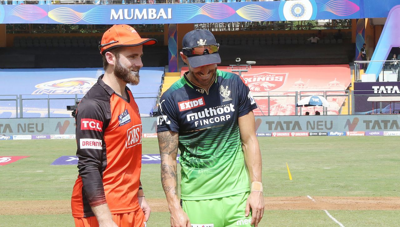 Kane Williamson and Faf du Plessis, who won the toss and opted to bat, share a laugh, Royal Challengers Bangalore vs Sunrisers Hyderabad, IPL 2022, Wankhede Stadium, Mumbai, May 8, 2022