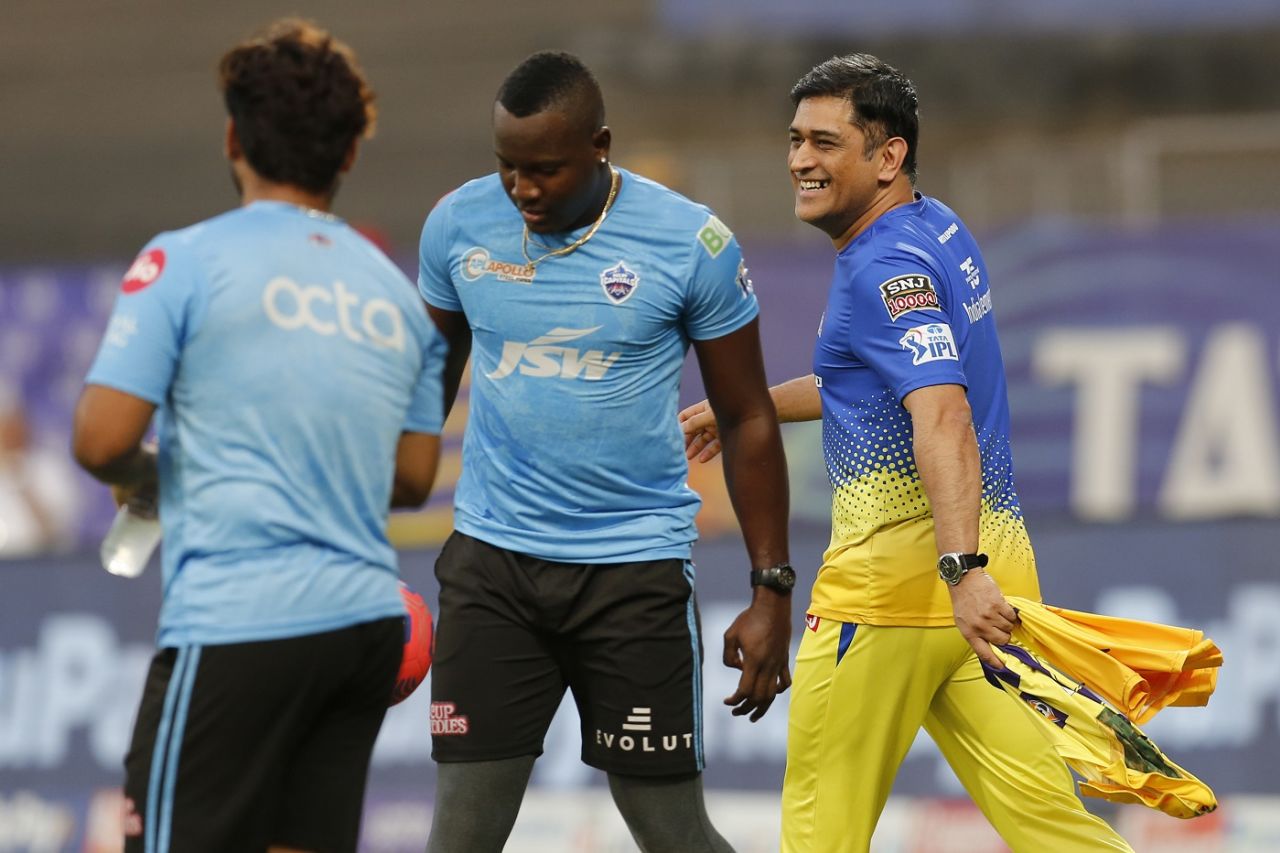 MS Dhoni, Rovman Powell and Rishabh Pant share a laugh ahead of the game, Chennai Super Kings vs Delhi Capitals, IPL 2022, DY Patil, Navi Mumbai, May 8, 2022