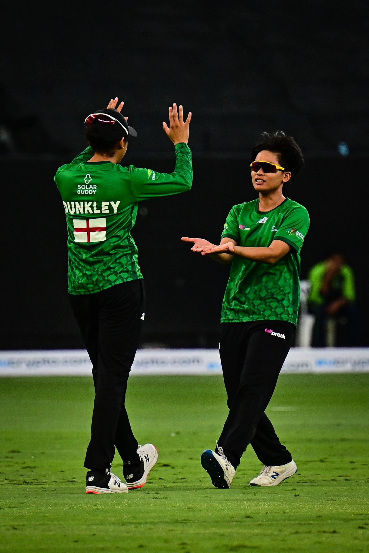 Nattaya Boochatham celebrates a wicket with Sophia Dunkley, Spirit Women vs Sapphires Women, FairBreak Invitational Tournament 2022, Dubai, May 8, 2022