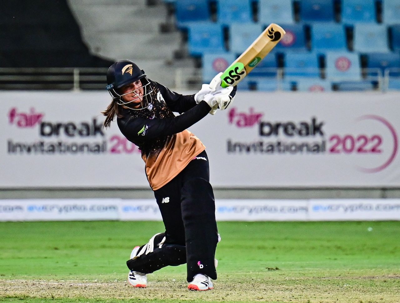 Sune Luus hits one down the ground, Tornadoes vs Barmy Army, FairBreak Invitational Tournament 2022, Dubai, May 8, 2022