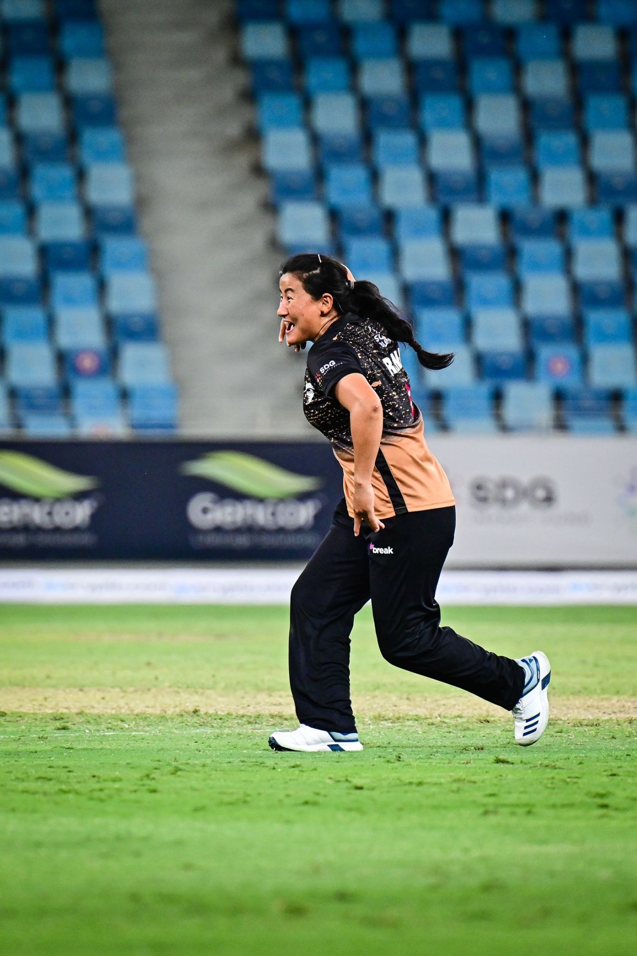 Sita Rana Magar celebrates after getting Laura Wolvaardt lbw, Tornadoes vs Barmy Army, FairBreak Invitational Tournament 2022, Dubai, May 8, 2022