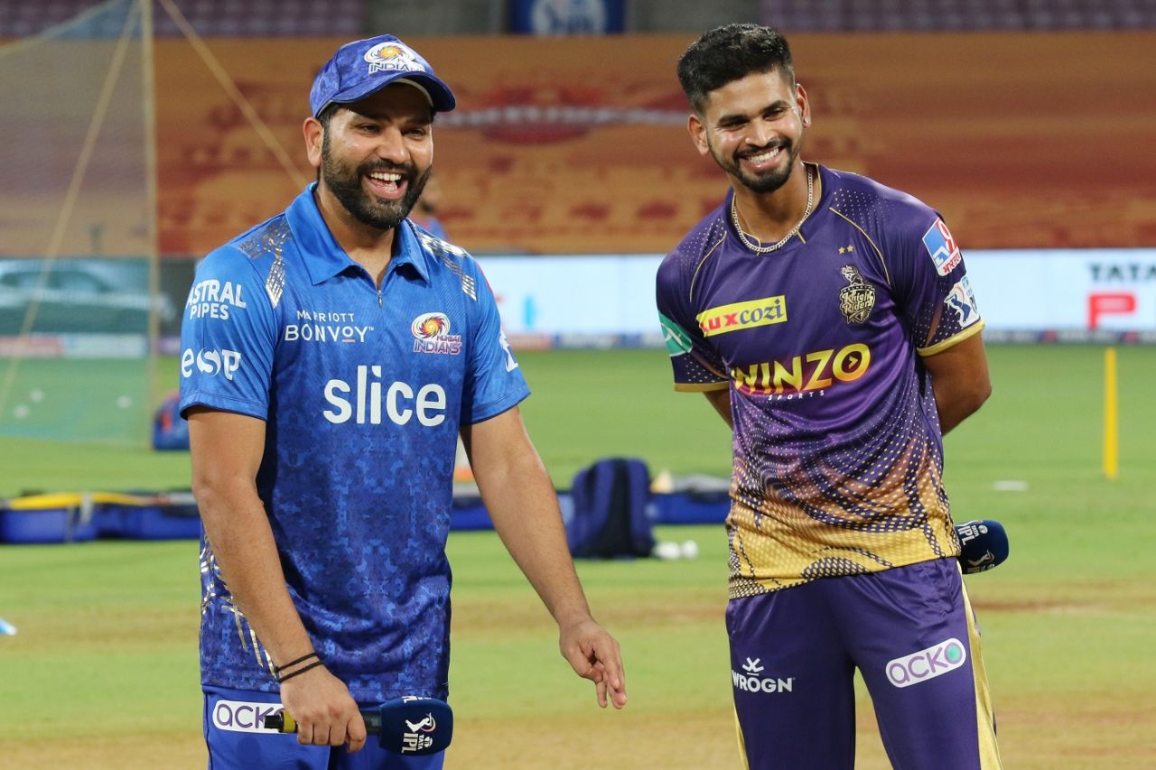 Shreyas Iyer and Rohit Sharma are all smiles before the toss, Kolkata Knight Riders vs Mumbai Indians, IPL 2022, DY Patil, Navi Mumbai, May 9, 2022