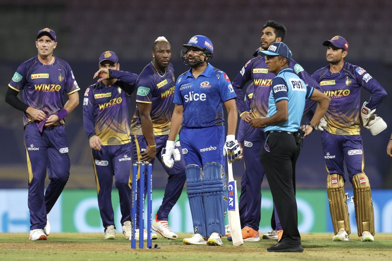 Rohit Sharma has a perplexed look on his face after he was adjudged caught behind following a DRS referral, Kolkata Knight Riders vs Mumbai Indians, IPL 2022, DY Patil Stadium, Mumbai, May 9, 2022