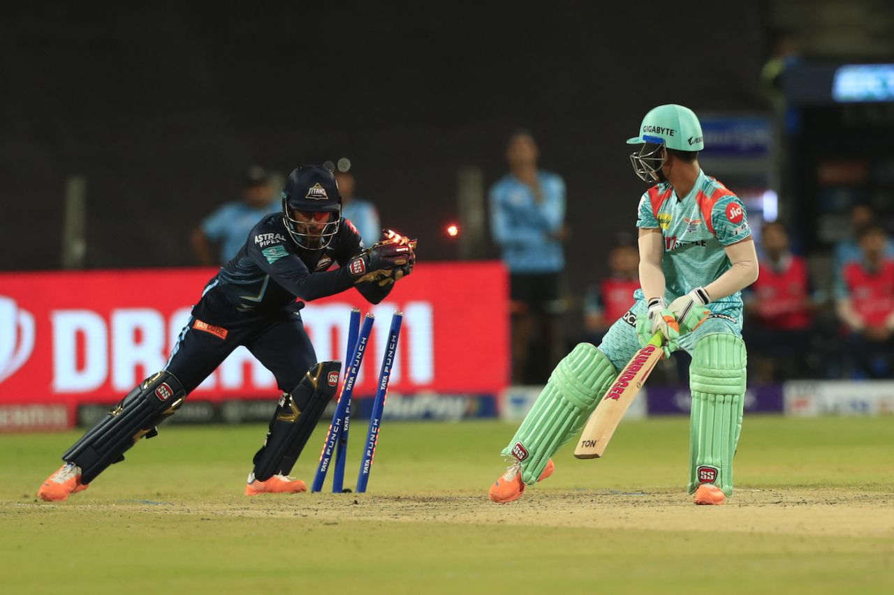 Wriddhiman Saha pulled off back-to-back stumpings - this one of Ayush Badoni off R Sai Kishore, Gujarat Titans vs Lucknow Super Giants, IPL 2022, Pune, May 10, 2022