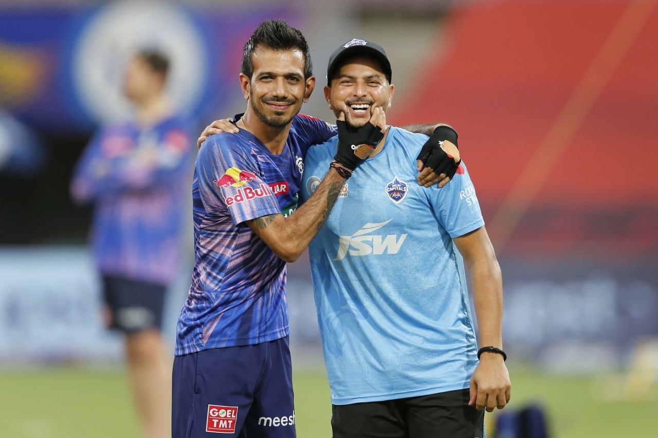 Kuldeep Yadav and Yuzvendra Chahal are all smiles ahead of the encounter, Delhi Capitals vs Rajasthan Royals, IPL 2022, DY Patil, Navi Mumbai, May 11, 2022