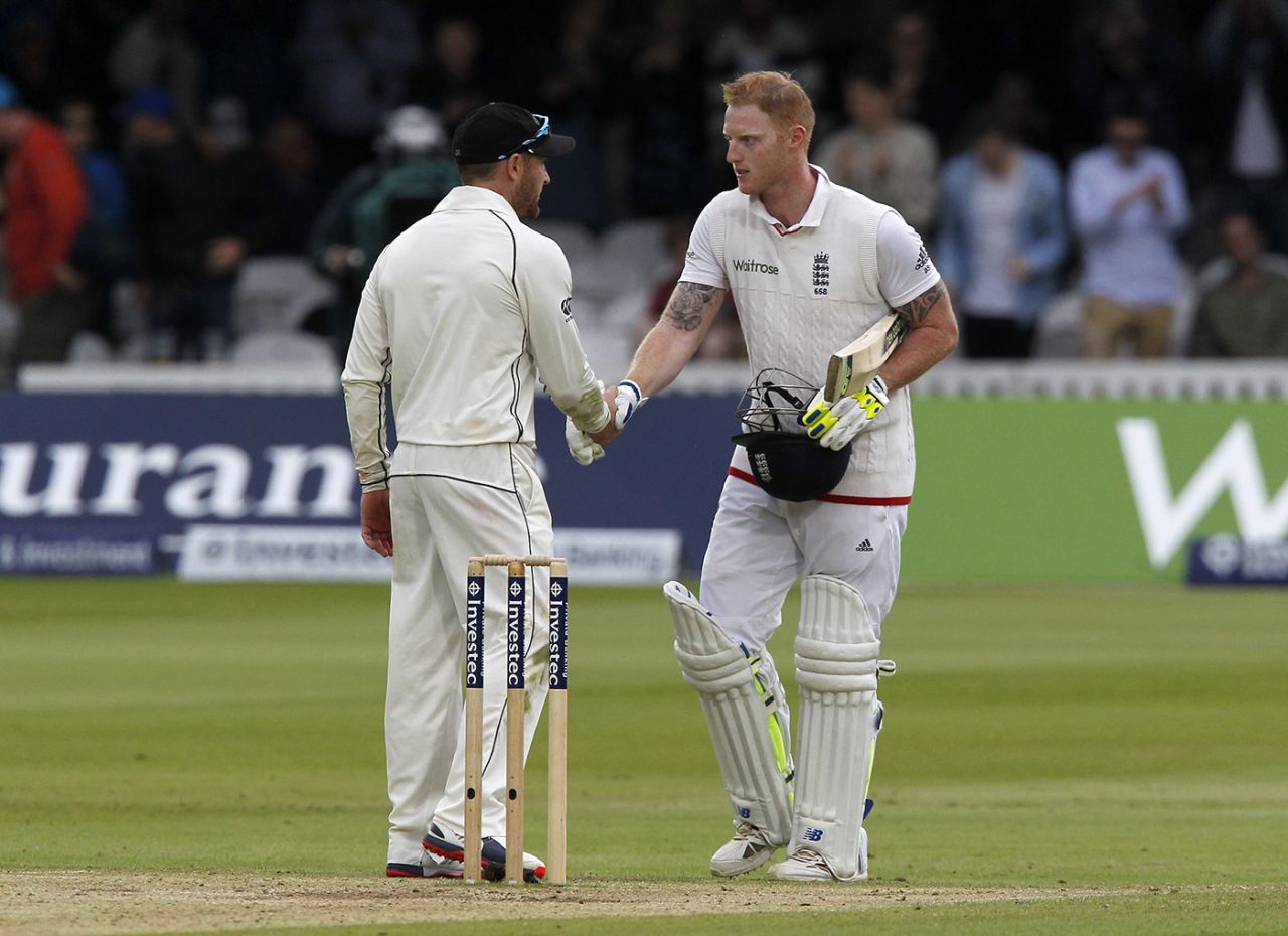 Ben Stokes gets a handshake from Brendon McCullum, England v New Zealand, 1st Investec Test, Lord's, 4th day, May 24, 2015
