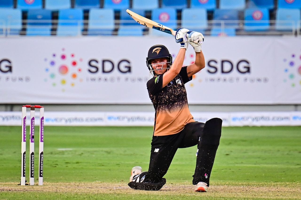 Sterre Kalis hits one through the off side, Falcons vs Tornadoes, Dubai, FairBreak Invitational Tournament, May 12, 2022