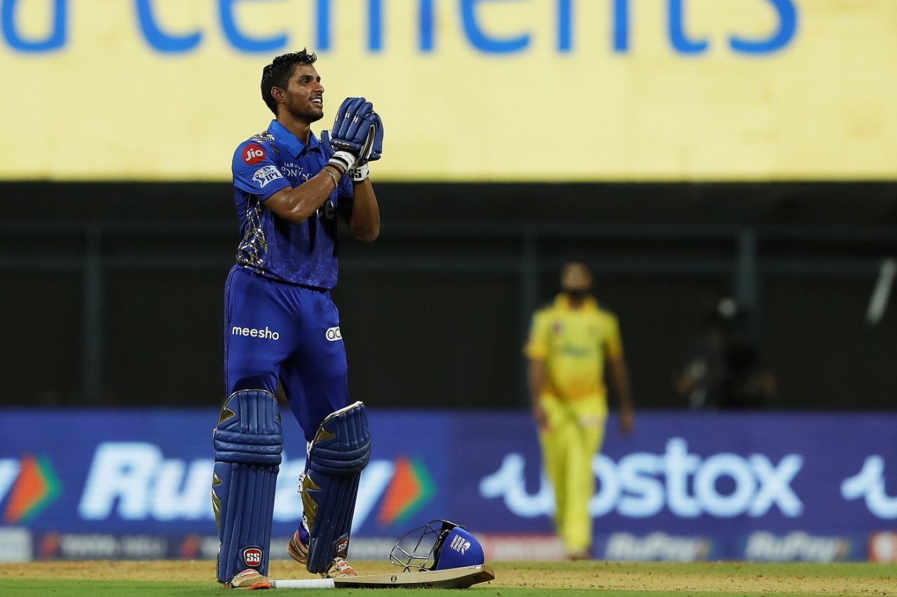 Tilak Varma acknowledges the crowd after taking Mumbai Indians to a win, Mumbai Indians vs Chennai Super Kings, IPL 2022, Wankhede Stadium, Mumbai, May 12, 2022