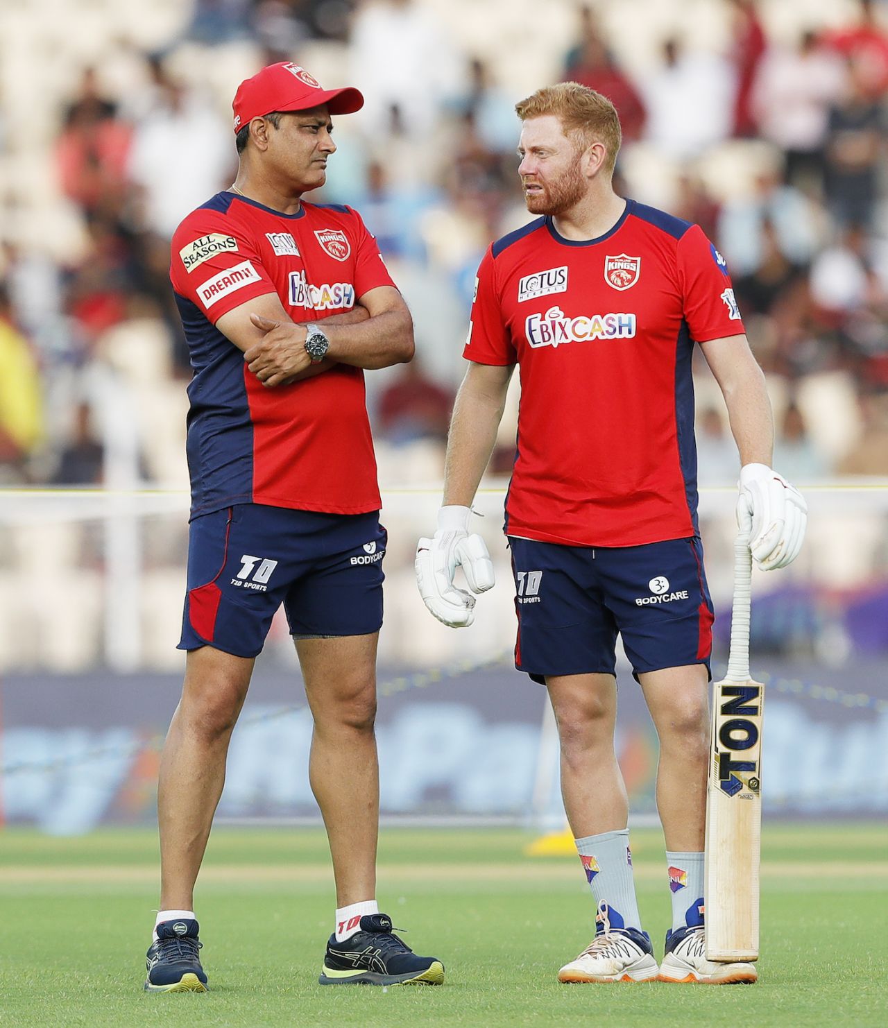 Anil Kumble and Jonny Bairstow have a chat before the start of the game, Punjab Kings vs Royal Challengers Bangalore, IPL 2022, Brabourne Stadium, Mumbai, May 13, 2022