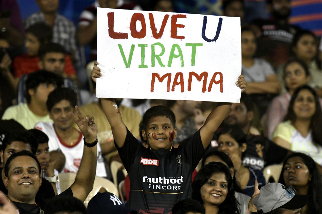 The next generation of cricket fans? A young fan expresses his feelings for "uncle Virat", Punjab Kings vs Royal Challengers Bangalore, IPL 2022, Brabourne Stadium, Mumbai, May 13, 2022