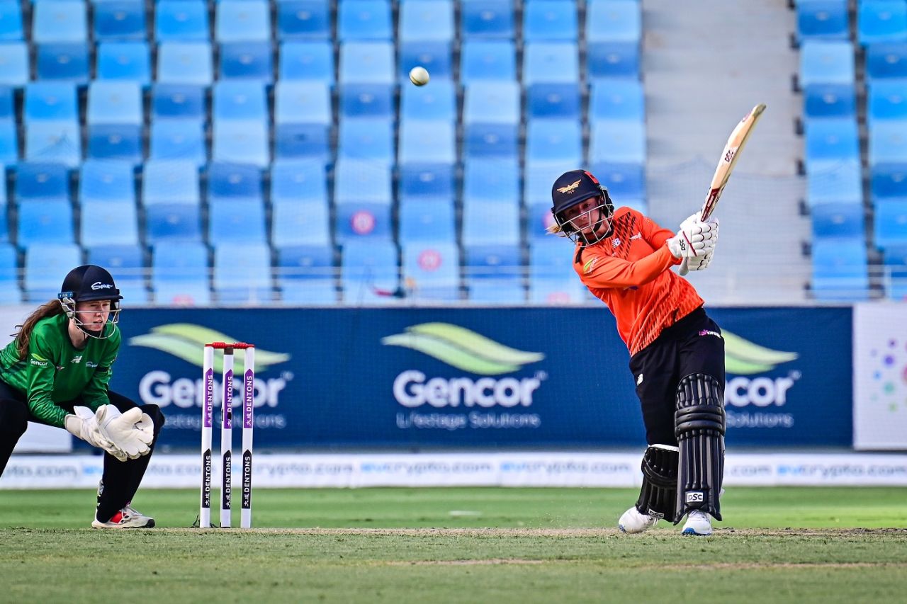 Danni Wyatt goes inside out, Falcons vs Spirit, 1st semi-final, Dubai, FairBreak Invitational Tournament, May 14, 2022