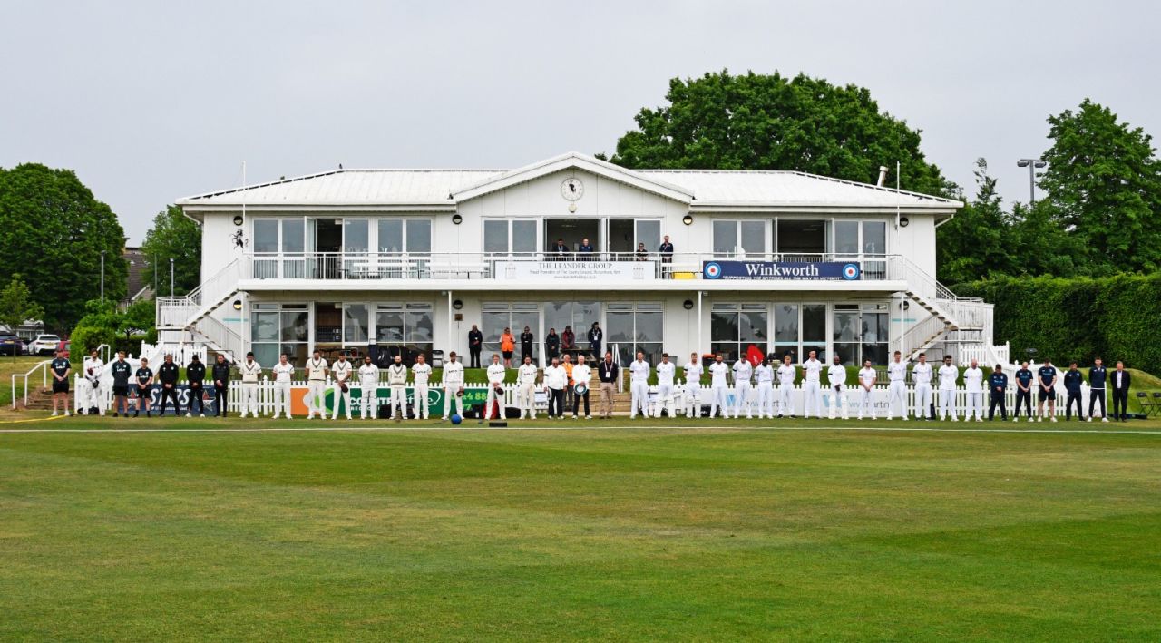 Surrey and Kent players observe a minute's silence for Andrew Symonds, LV= Insurance Championship, Division One, Kent vs Surrey, 4th day, Beckenham, May 15, 2022