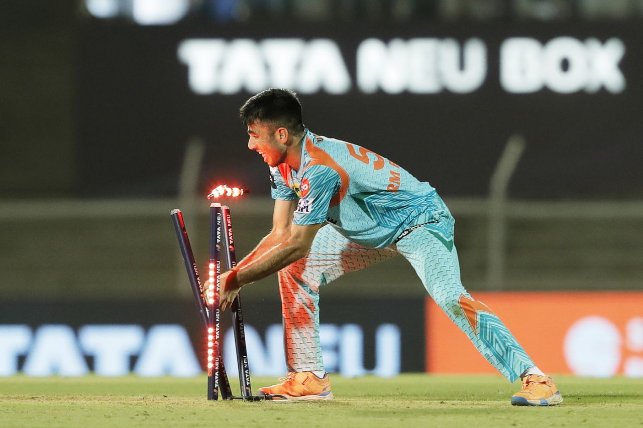 Ravi Bishnoi completes the run-out of James Neesham, Lucknow Super Giants vs Rajasthan Royals, IPL 2022, Brabourne Stadium, Mumbai, May 15, 2022