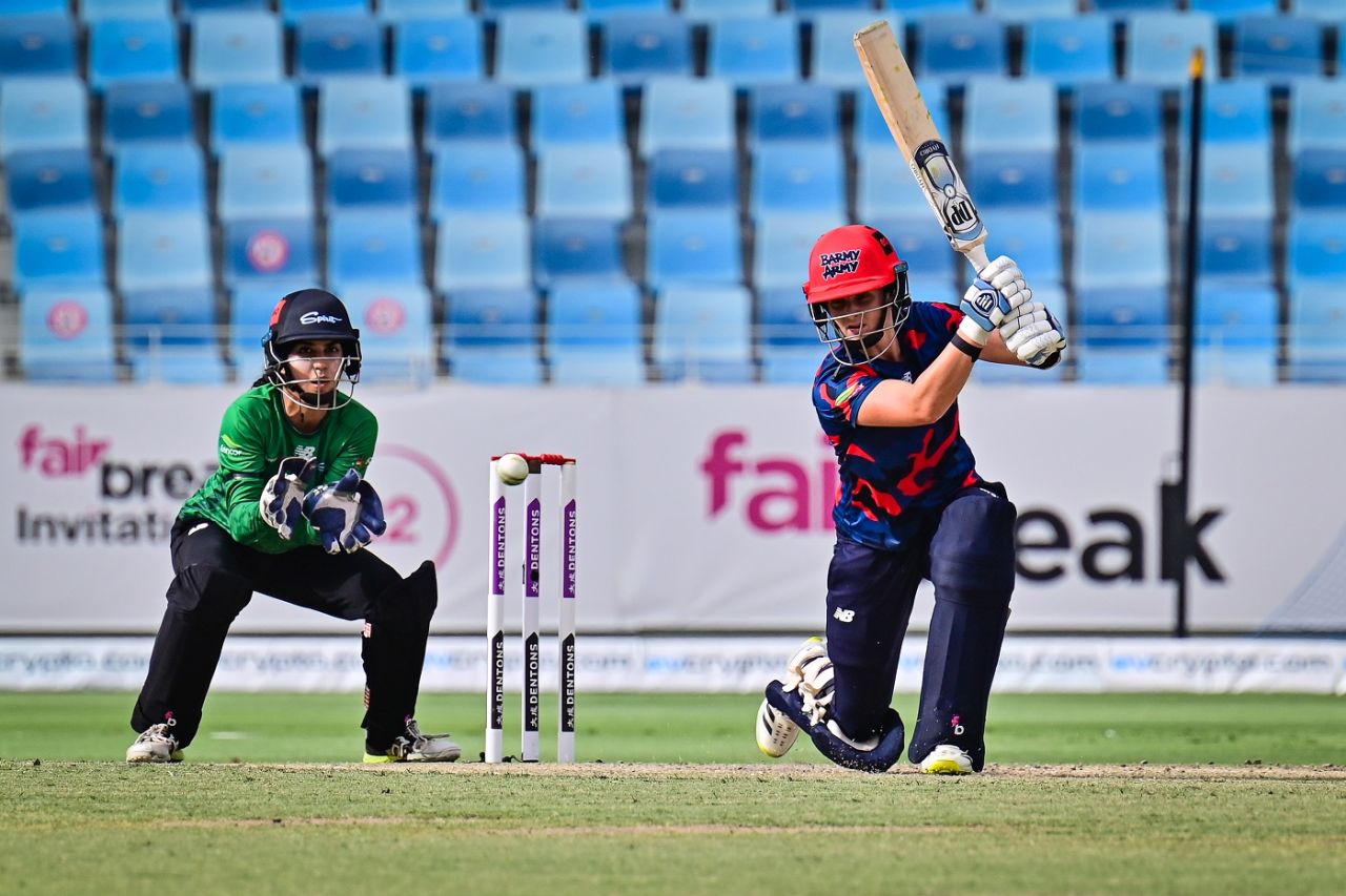 Laura Wolvaardt creams one through covers during her half-century knock, Barmy Army vs Spirit, 3rd place play-off, FairBreak Invitational Tournament 2022, Dubai, May 15, 2022