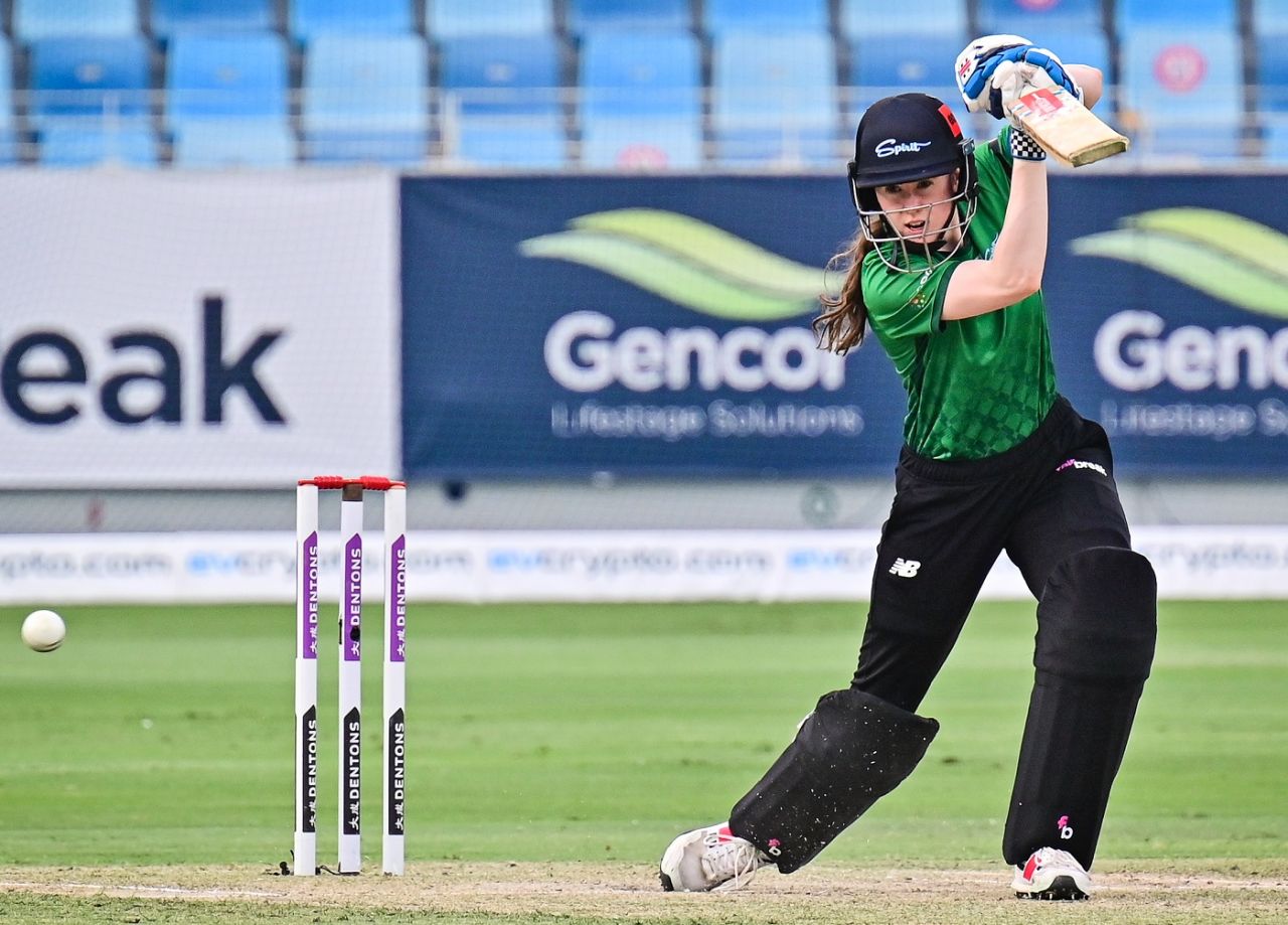 Sarah Bryce drives one through the off side, Barmy Army vs Spirit, 3rd place play-off, FairBreak Invitational Tournament 2022, Dubai, May 15, 2022