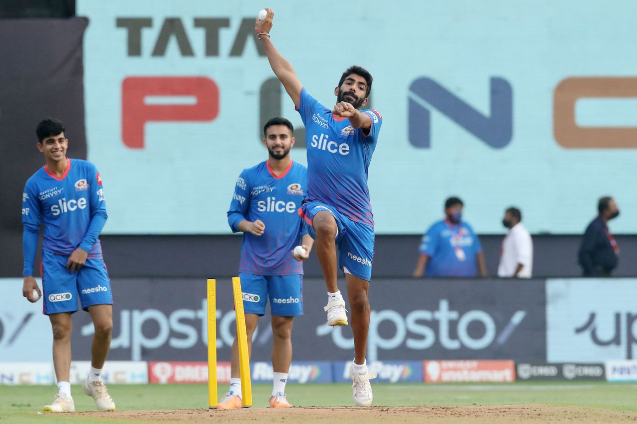 There's a bit of an audience as Jasprit Bumrah bowls during a warm-up session, Mumbai Indians vs Sunrisers Hyderabad, IPL 2022, Wankhede Stadium, Mumbai, May 17, 2022