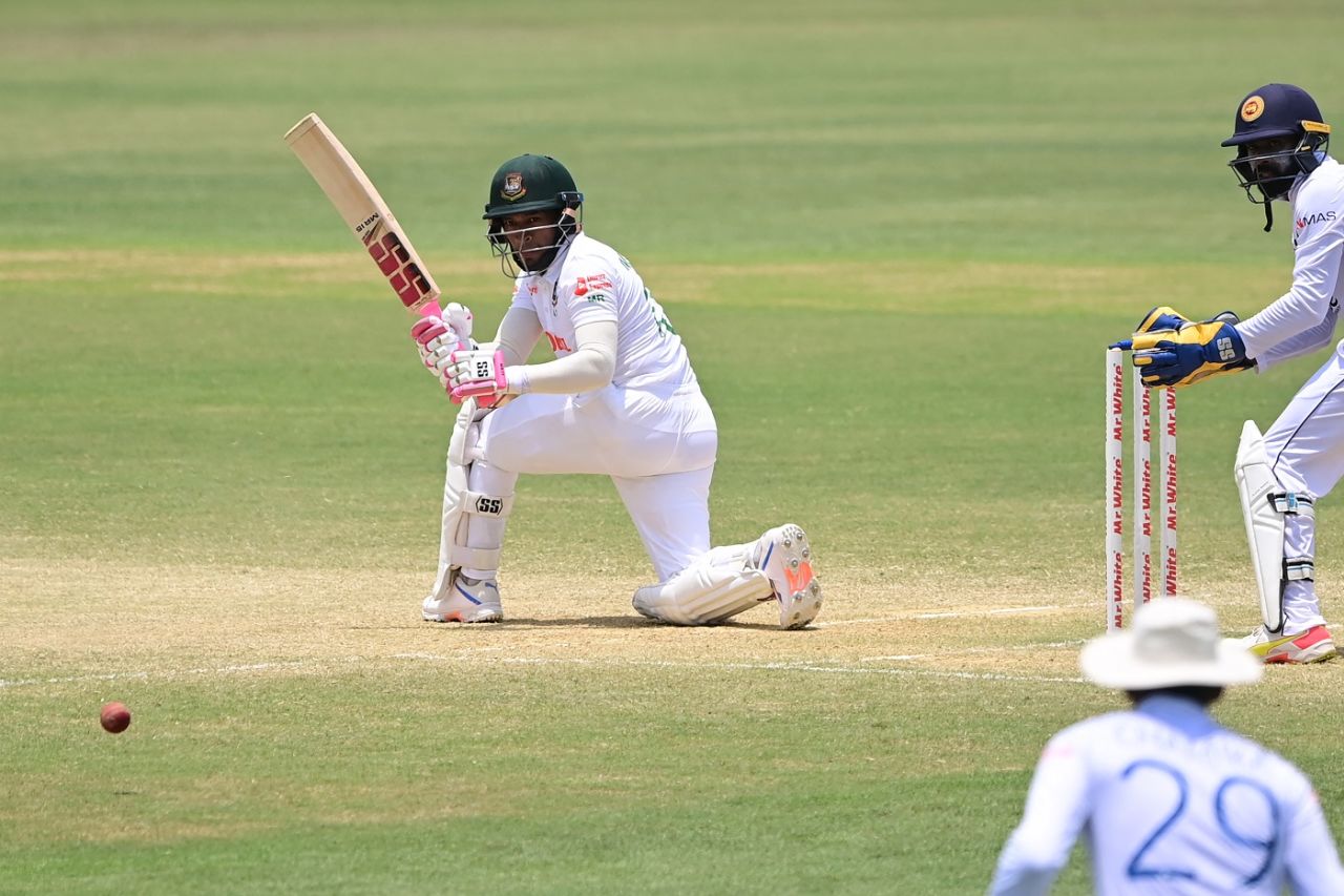 Mushfiqur Rahim is a model of concentration as he brings out his favourite sweep shot, Bangladesh vs Sri Lanka, 1st Test, Chattogram, 4th day, May 18, 2022