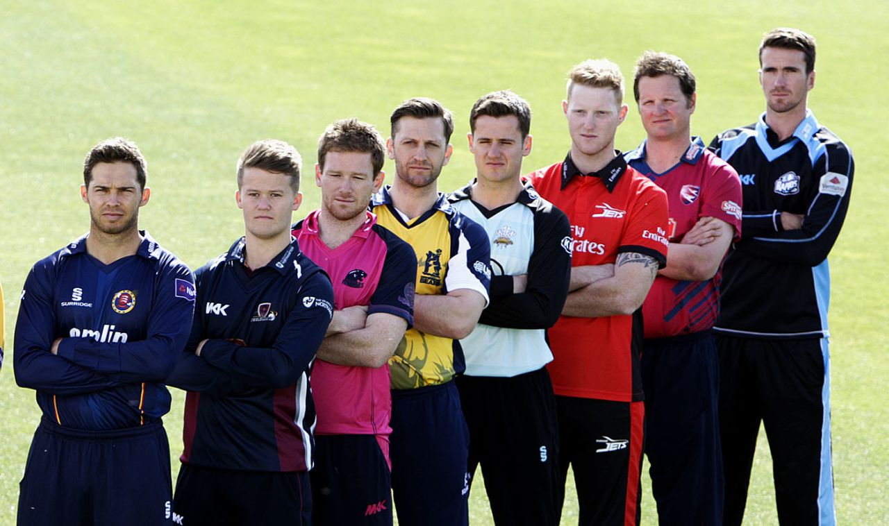 Players from eight counties at the launch day for the NatWest T20 Blast. From left: Greg Smith, Ben Duckett, Eoin Morgan, Jim Troughton, Steven Davies, Ben Stokes, Rob Key and Jack Shantry, Edgbaston, April 17, 2014