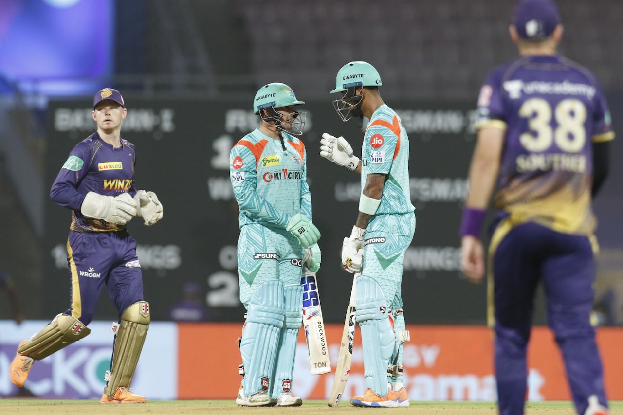 Quinton de Kock and KL Rahul played a few big shots but were largely kept quiet early on, Kolkata Knight Riders vs Lucknow Super Giants, IPL 2022, DY Patil Stadium, Mumbai, May 18, 2022