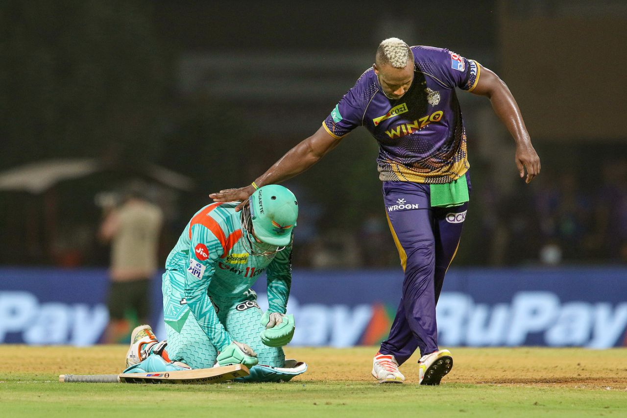 Andre Russell can't help but appreciate Quinton de Kock's effort after his century, Kolkata Knight Riders vs Lucknow Super Giants, IPL 2022, DY Patil Stadium, Mumbai, May 18, 2022