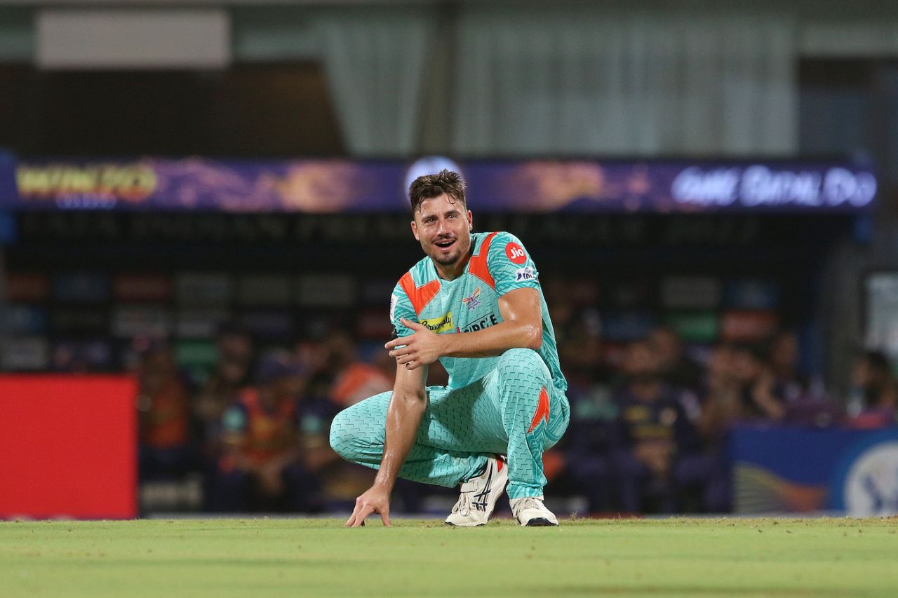 Marcus Stoinis has a look of complete disbelief after Evin Lewis took a sensational one-handed catch to send back Rinku Singh, Kolkata Knight Riders vs Lucknow Super Giants, IPL 2022, DY Patil Stadium, Mumbai, May 18, 2022