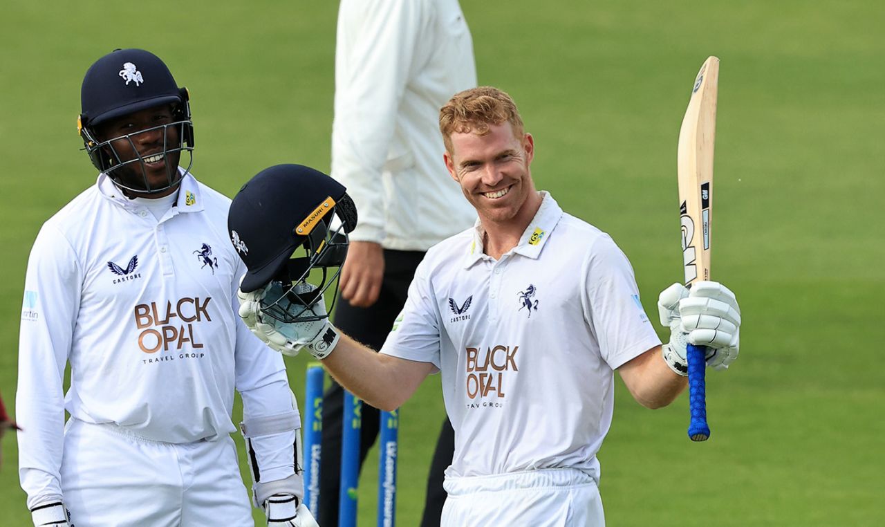 Ben Compton celebrates his fourth hundred of the season, Northamptonshire vs Kent, LV= Insurance Championship, Division One, Wantage Road, May 19, 2022