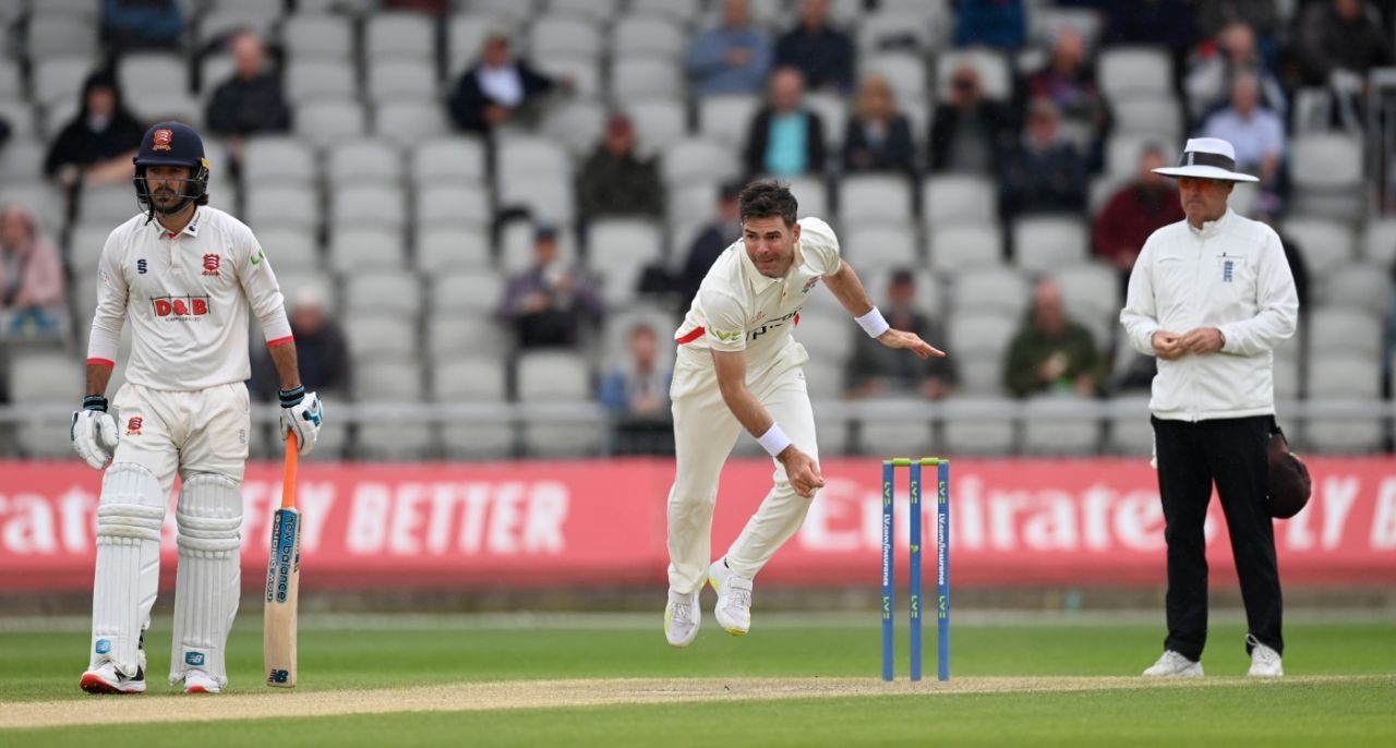 James Anderson bowls on the second day against Essex, LV= Insurance County Championship, Division One, Lancashire vs Essex, 2nd day, Old Trafford, May 20, 2022