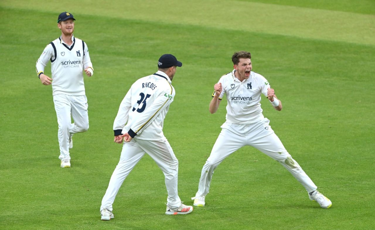 Henry Brookes celebrates the dismissal of Joe Root, Yorkshire vs Warwickshire, LV= Insurance Championship, Division One, May 20, 2022