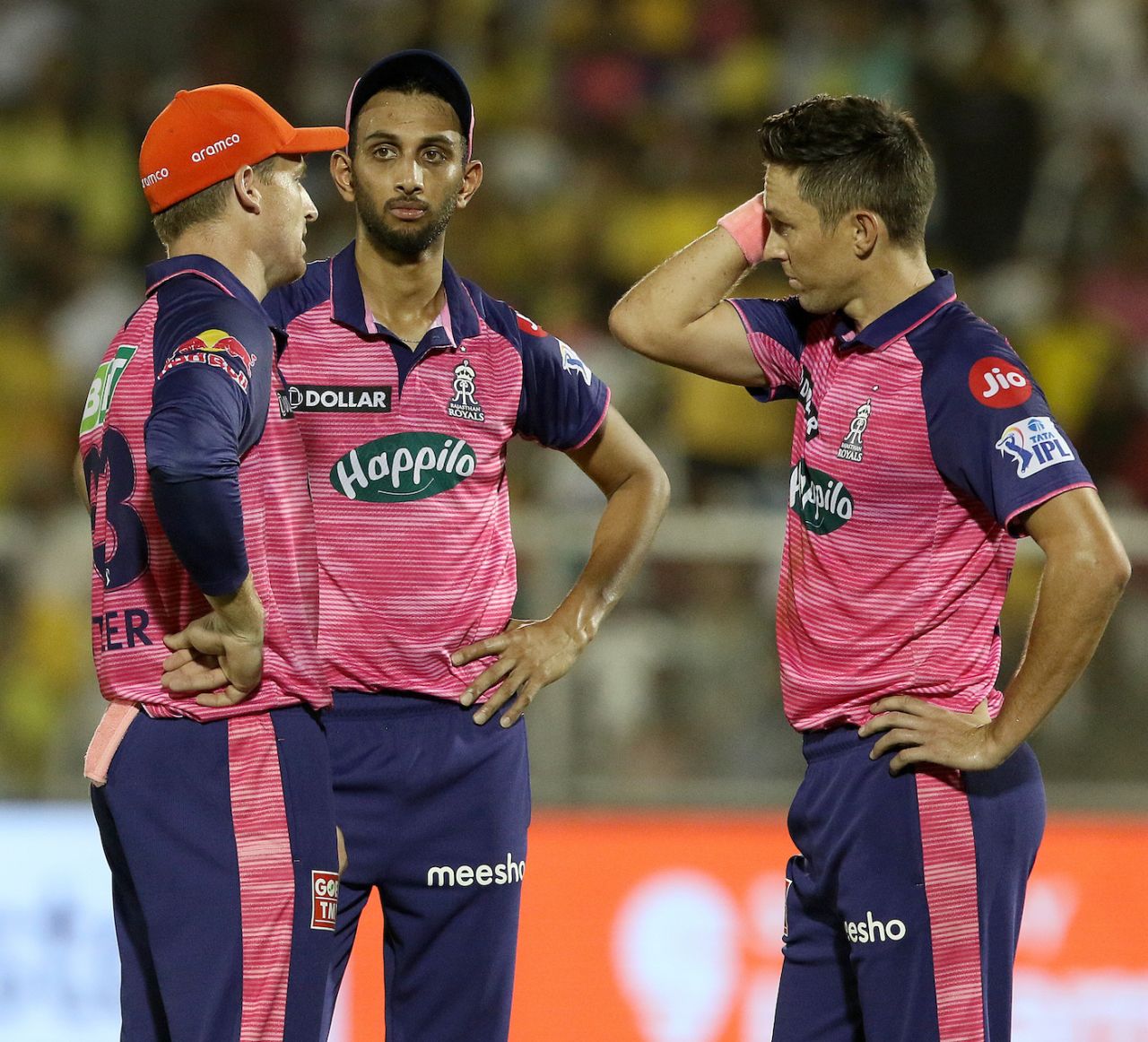 Jos Buttler, Prasidh Krishna and Trent Boult search for a solution during Moeen Ali's onslaught, Chennai Super Kings vs Rajasthan Royals, IPL 2022, Brabourne Stadium, Mumbai, May 20, 2022