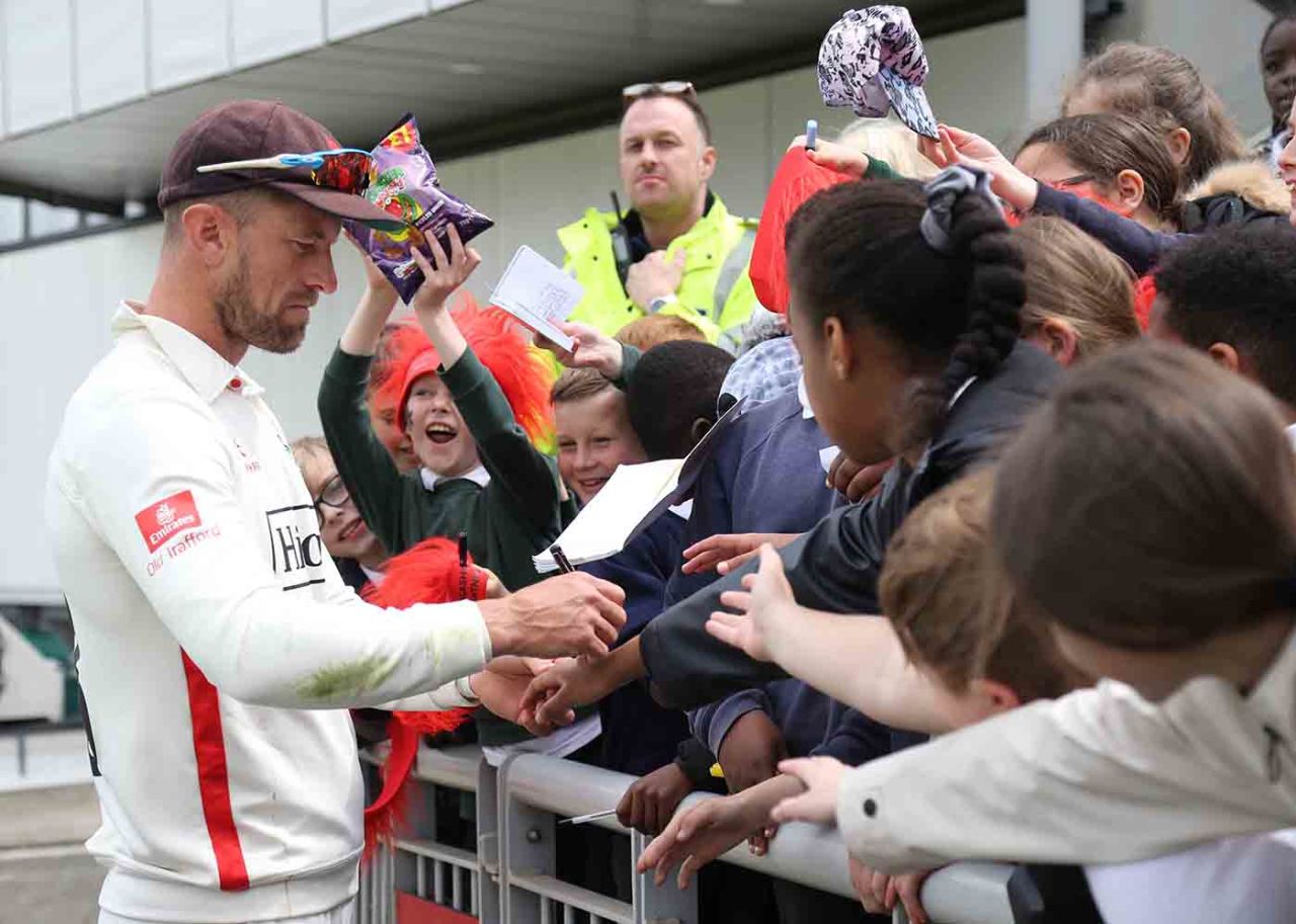 Dane Vilas signs autographs for schoolchildren at Emirates Old Trafford, LV= Insurance County Championship, Division One, Lancashire vs Essex, 2nd day, Old Trafford, May 20, 2022