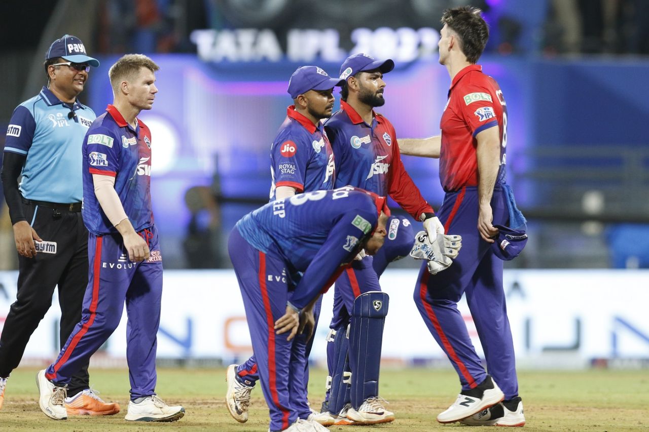 Dejected Capitals players react after being knocked out by Mumbai, Mumbai Indians vs Delhi Capitals, IPL 2022, Wankhede Stadium, Mumbai, May 21, 2022