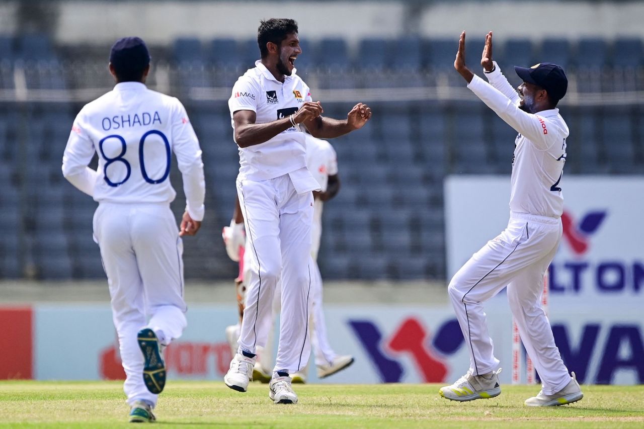 Kasun Rajitha celebrates the dismissal of Mahmudul Hasan Joy, Bangladesh vs Sri Lanka, 2nd Test, Dhaka, Day 1, May 23, 2022
