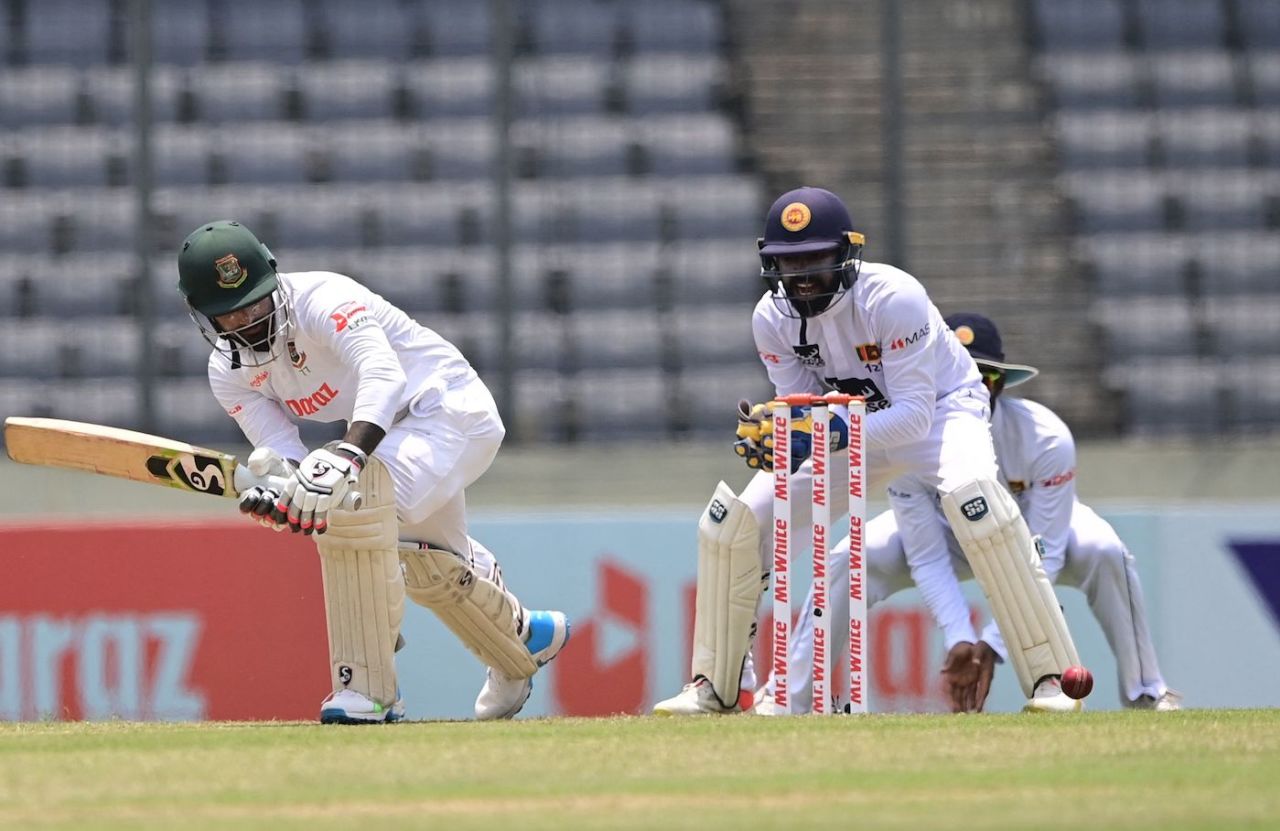 Litton Das plays the ball away watchfully during Bangladesh's fightback, Bangladesh vs Sri Lanka, 2nd Test, Dhaka, 1st day, May 23, 2022