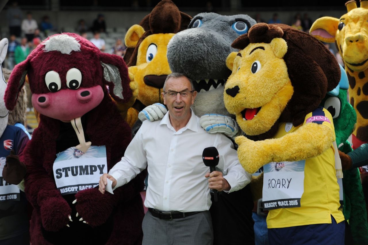 David Lloyd with the runners and riders in the T20 Finals Day mascot race at Edgbaston, August 29, 2015