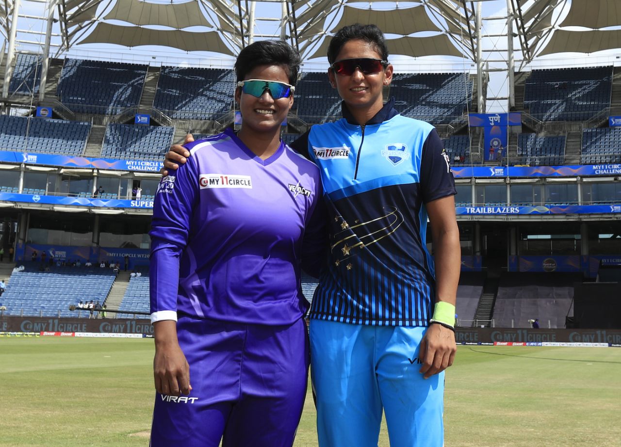 Harmanpreet Kaur had a new friend to pose with at the toss, Deepti Sharma, who won the toss and opted to field, Supernovas vs Velocity, Women's T20 Challenge 2022, Pune, May 24, 2022