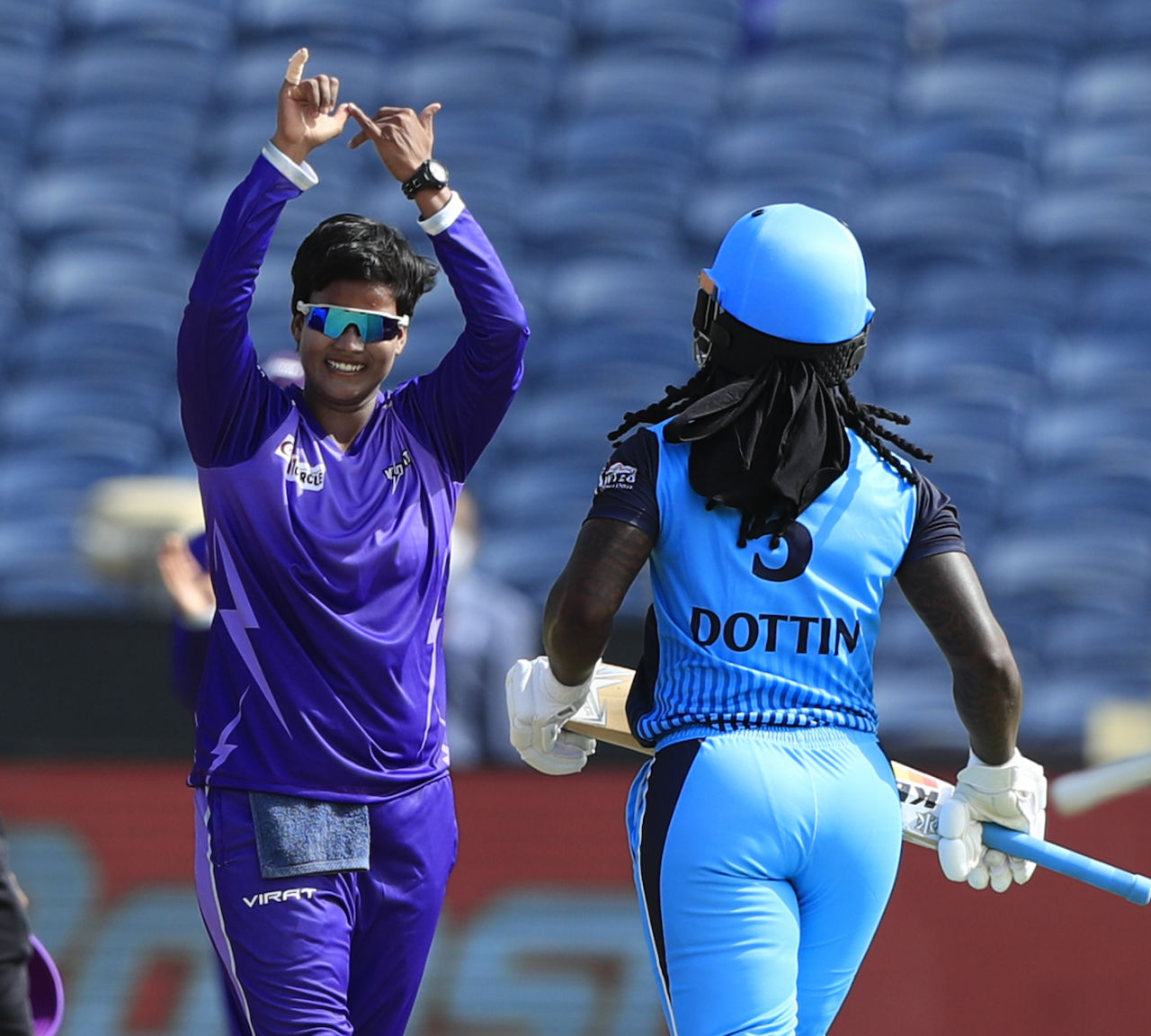 Deepti Sharma gets a chance to show off the Velocity celebration after dismissing Deandra Dottin, Supernovas vs Velocity, Women's T20 Challenge 2022, Pune, May 24, 2022