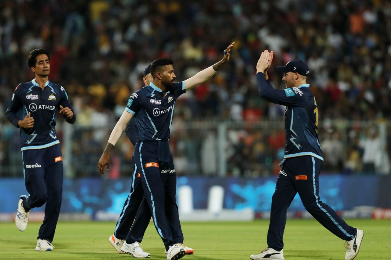 Hardik Pandya celebrates the wicket of Devdutt Padikkal, Gujarat Titans vs Rajasthan Royals, IPL 2022, Qualifier 1, Kolkata, May 24, 2022