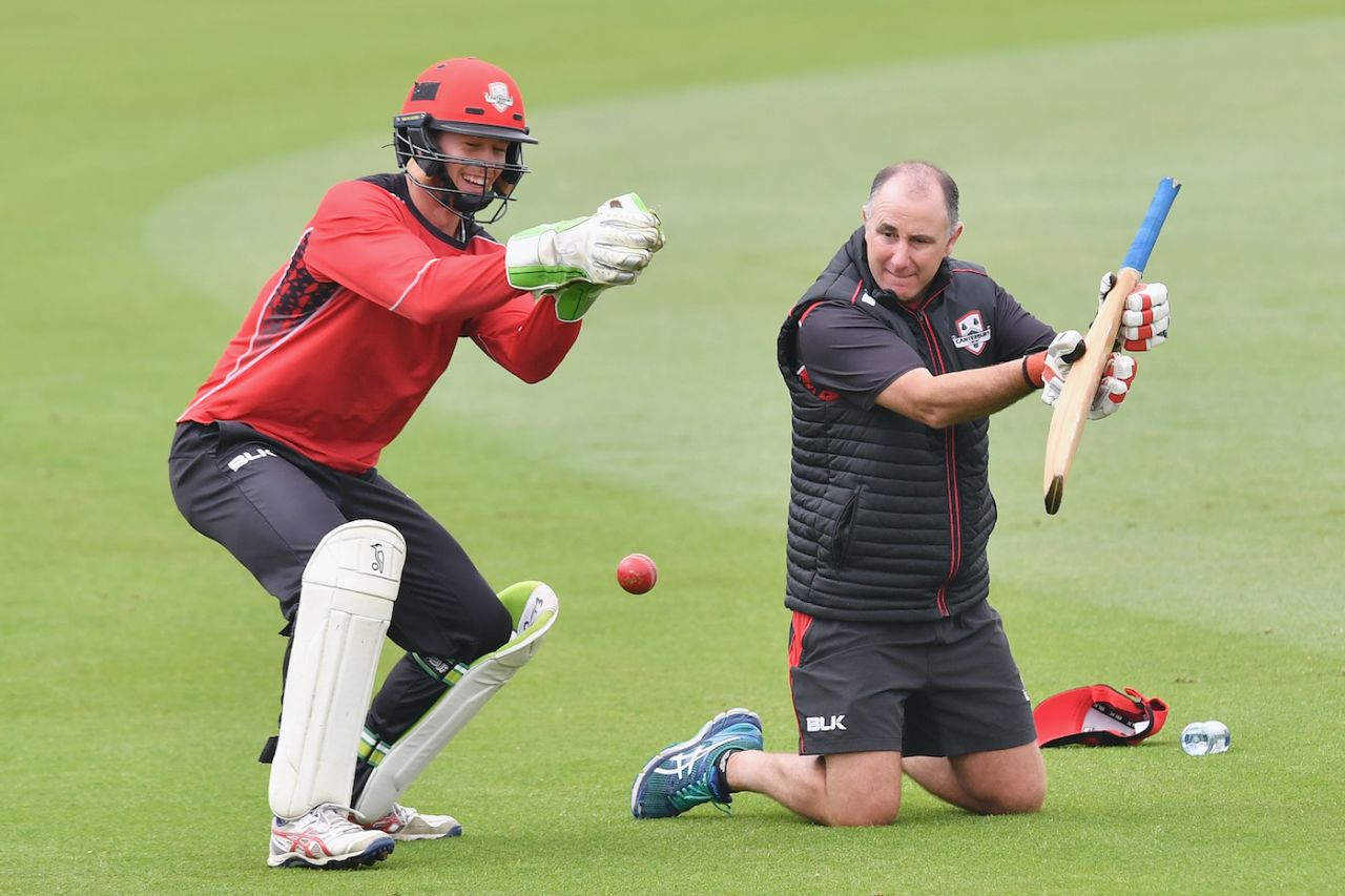 Cameron Fletcher (left) and Canterbury coach Gary Stead warm up before the match, Canterbury vs Wellington, Plunket Shield 2016-17, Christchurch,  March 30, 2017