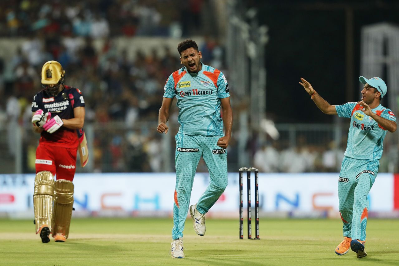 Mohsin Khan is pumped up after getting Faf du Plessis to nick behind for a duck, Lucknow Super Giants vs Royal Challengers Bangalore, IPL 2022, Eliminator, Kolkata, May 25, 2022