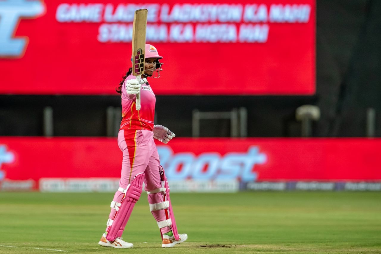 S Meghana raises her bat after reaching a half-century, Trailblazers vs Velocity, Women's T20 Challenge, Pune, May 26, 2022