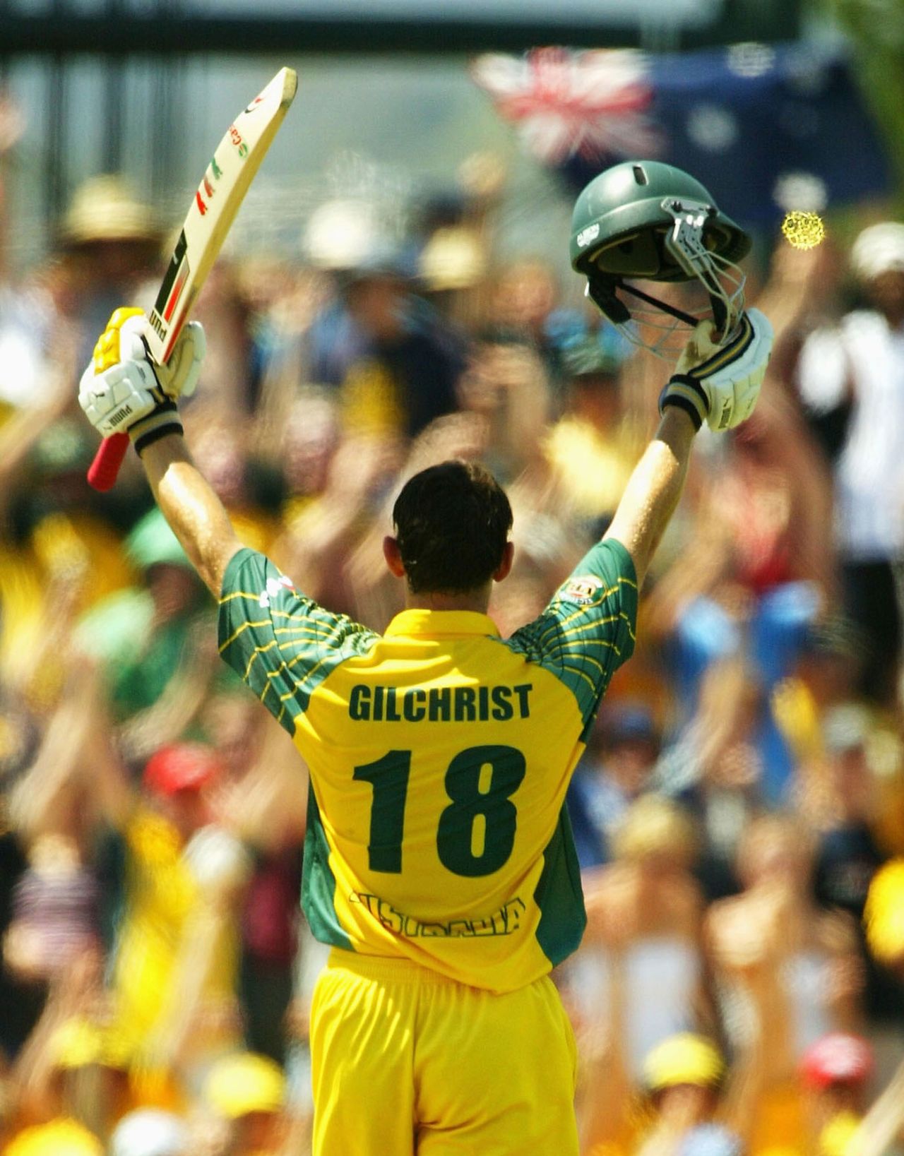 Adam Gilchrist reaches his century, Australia v Zimbabwe, VB Series, 4th ODI, Hobart, January 16, 2004