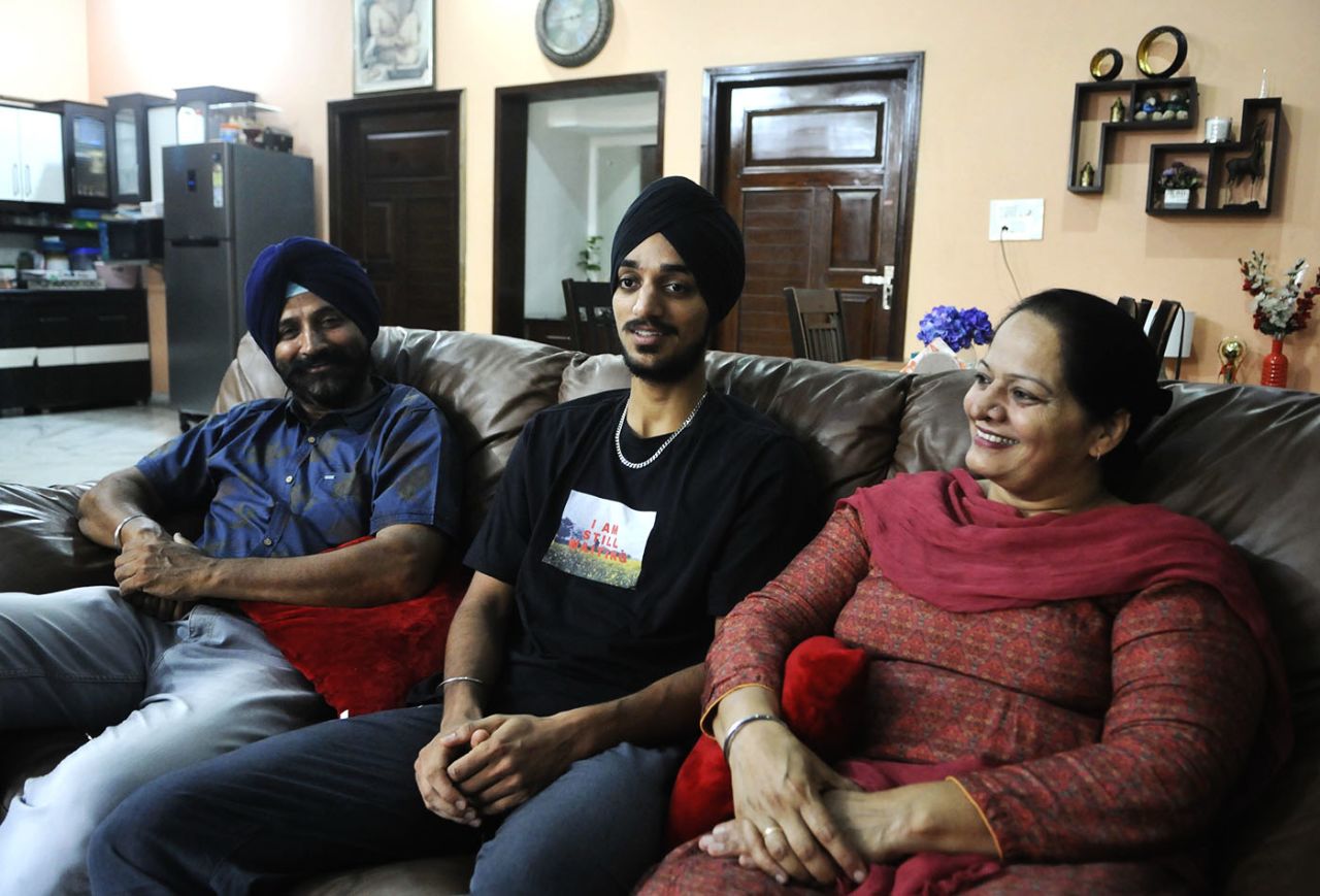 Arshdeep Singh with his parents in his home in Kharar, Chandigarh, June 11, 2021