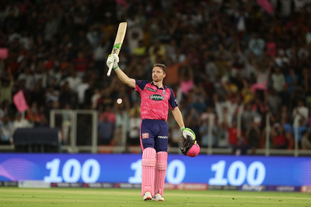 Jos Buttler raises his bat after completing his fourth century this season, Rajasthan Royals vs Royal Challengers Bangalore, IPL 2022 Qualifier 2, Ahmedabad, May 27, 2022