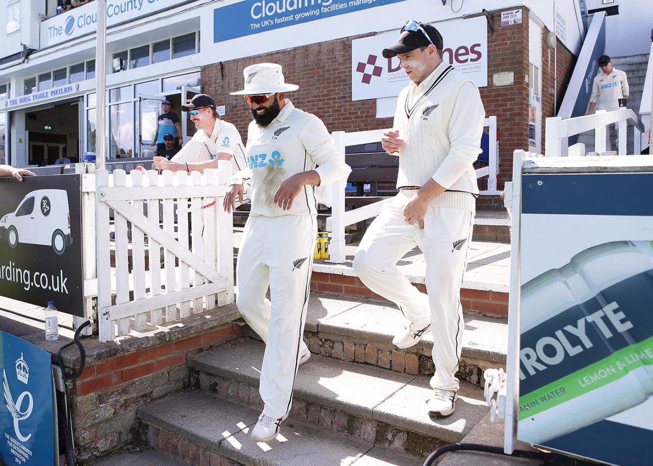 Ajaz Patel and Tom Latham take the field, FCC Select XI vs New Zealanders, Tour match, Chelmsford, 2nd day, May 27, 2022
