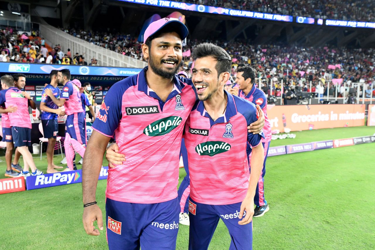 Sanju Samson and Yuzvendra Chahal were all smiles after Rajasthan Royals made their first IPL final since 2008, Rajasthan Royals vs Royal Challengers Bangalore, IPL 2022 Qualifier 2, Ahmedabad, May 27, 2022
