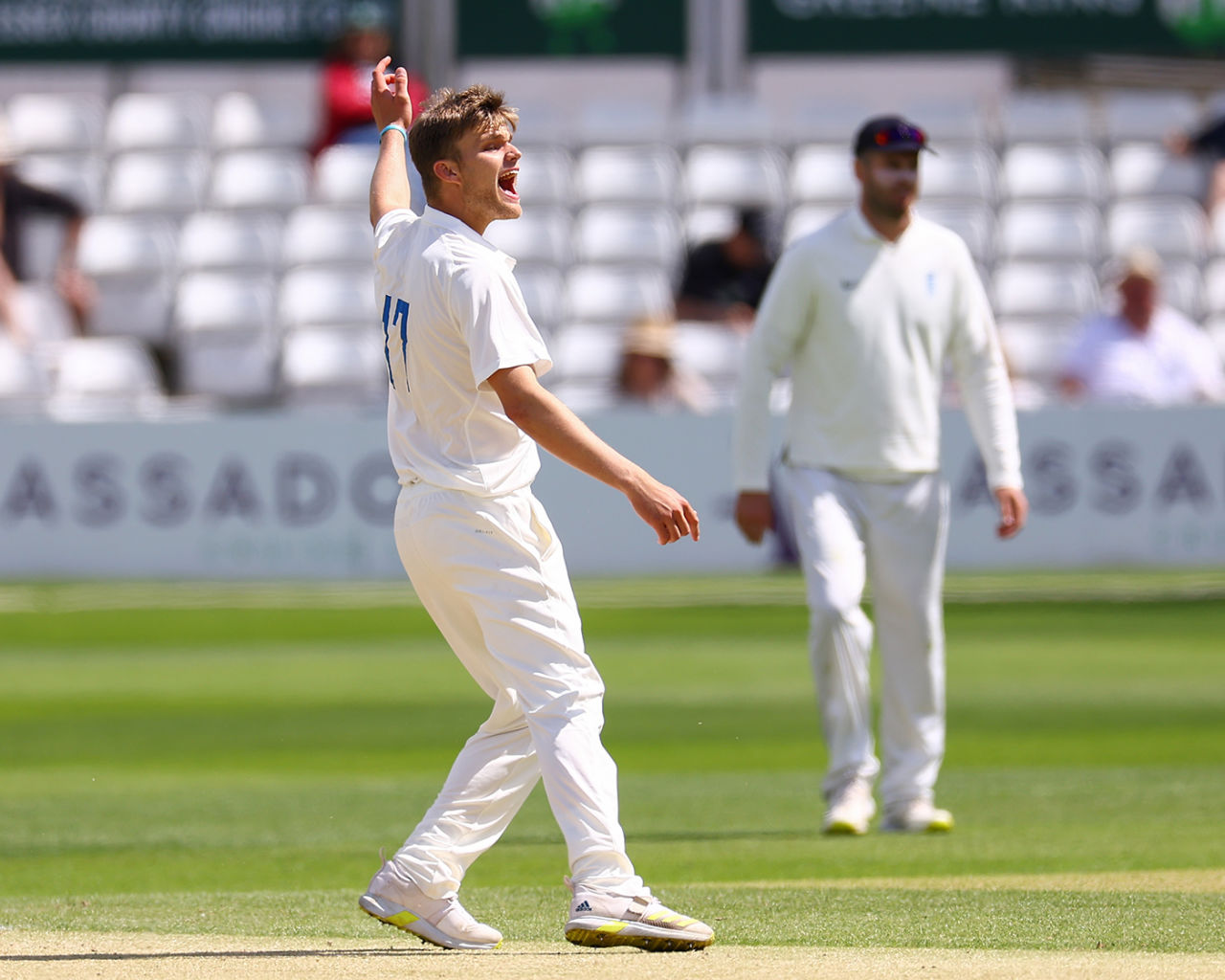 Ben Gibbon goes up in appeal, FCC Select XI vs New Zealanders, Tour match, Chelmsford, 3rd day, May 28, 2022
